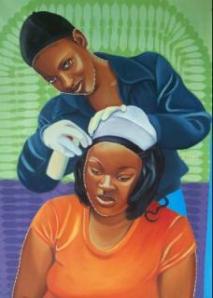 Women in a hairdressing salon, part of Alicia Brown's "Constructed Identity" series. (Oil on canvas) Photo from Alicia Brown's website.