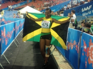 17-year-old Yanique Thompson of Holmwood Technical High School stopped the clock at a blistering 12.40 seconds to win the Girls 100m hurdles event at the World Youth Championships, breaking the world youth record. (Photo: Gleaner)