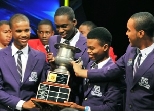 The winning Kingston College team celebrates after Schools Challenge Quiz on television. In the background are Campion College team members, whom they beat by a very narrow margin. (Photo: Jamaica Observer)