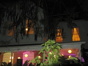 The back of Devon House lit up on December 9. There was the opening of an art exhibition inside and downstairs we were on the verandah at the Resolution Project book launch. (My photo)