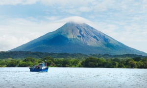 A boat on Lake Nicaragua, which the canal will pass through. Yes, that is a (not entirely dormant) volcano 