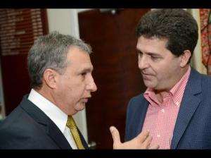 William Mahfood (right), president of the Private Sector Organisation of Jamaica, in conversation with Metry Seaga, president of the Jamaica Manufacturers' Association. (Photo: Gleaner)