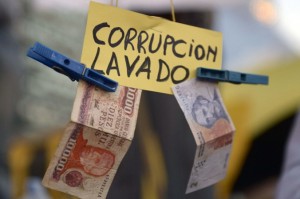 A sign reads 'Corruption, laundering' during a protest in Buenos Aires, Argentina, on April 18, 2013. Transparency International's “Global Corruption Barometer 2013” report shows the impact of corruption on business around the world. (Daniel Garcia/AFP/Getty Images) 