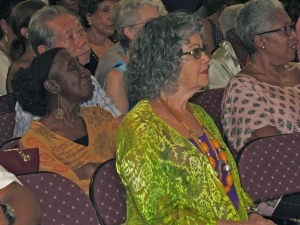 Toronto-based Jamaican writer Olive Senior is sitting in the audience at the University of the West Indies, during the launch of her book of short stories "The Pain Tree."