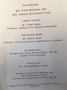 The Program for the signing of the Partnership for a Prosperous Jamaica agreement at King's House today. The Opposition was not represented. (Photo: @marciaforbes/Twitter)