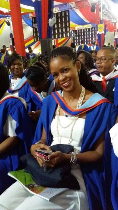 Yolande Gyles Levy basking in the glow of achieving her M.A. with Distinction at the University of the West Indies graduation ceremony.